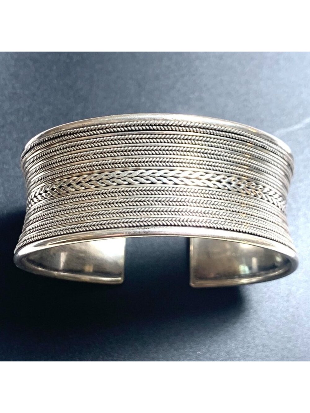 Textured Twist Rope Design Cuff Bracelet Sterling Silver 925 Size 1.25" Wide
